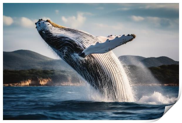 A big whale jumping half out of the water. Print by Michael Piepgras