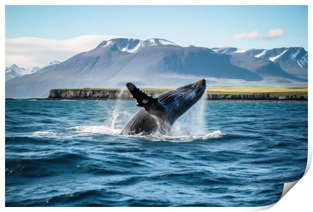 A big whale jumping half out of the water. Print by Michael Piepgras