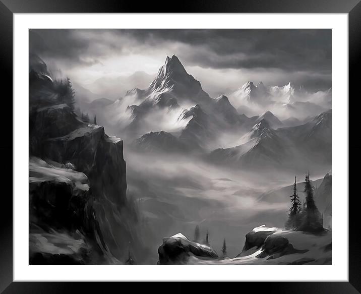 Snowy Mountains in the Mist Framed Mounted Print by Anne Macdonald