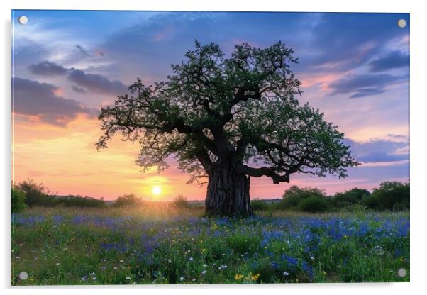A very old gnarled tree stands alone in a field of flowers at su Acrylic by Michael Piepgras