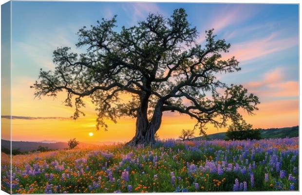 A very old gnarled tree stands alone in a field of flowers at su Canvas Print by Michael Piepgras