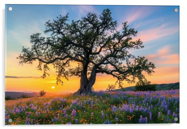 A very old gnarled tree stands alone in a field of flowers at su Acrylic by Michael Piepgras