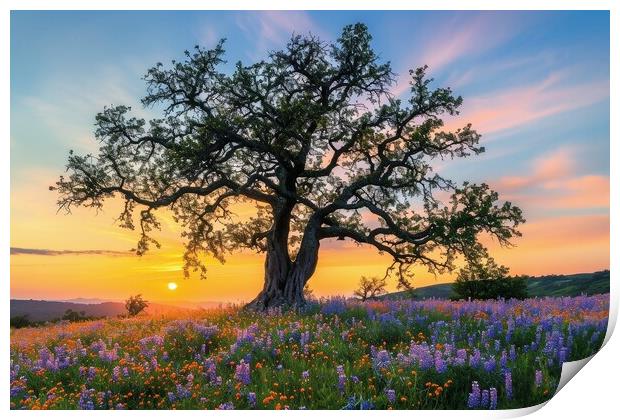 A very old gnarled tree stands alone in a field of flowers at su Print by Michael Piepgras