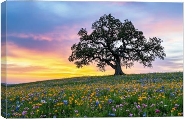 A very old gnarled tree stands alone in a field of flowers at su Canvas Print by Michael Piepgras