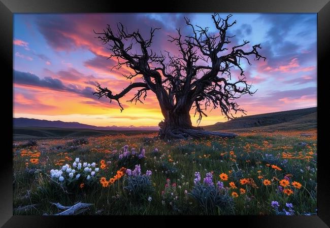 A very old gnarled tree stands alone in a field of flowers at su Framed Print by Michael Piepgras