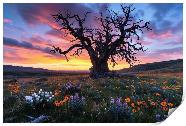 A very old gnarled tree stands alone in a field of flowers at su Print by Michael Piepgras