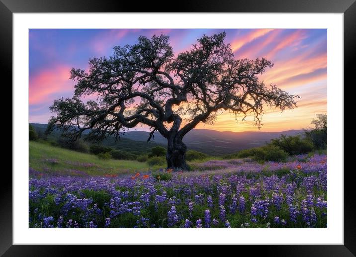 A very old gnarled tree stands alone in a field of flowers at su Framed Mounted Print by Michael Piepgras