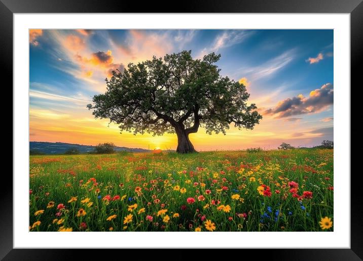 A very old gnarled tree stands alone in a field of flowers at su Framed Mounted Print by Michael Piepgras