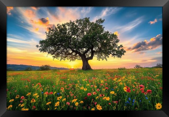 A very old gnarled tree stands alone in a field of flowers at su Framed Print by Michael Piepgras