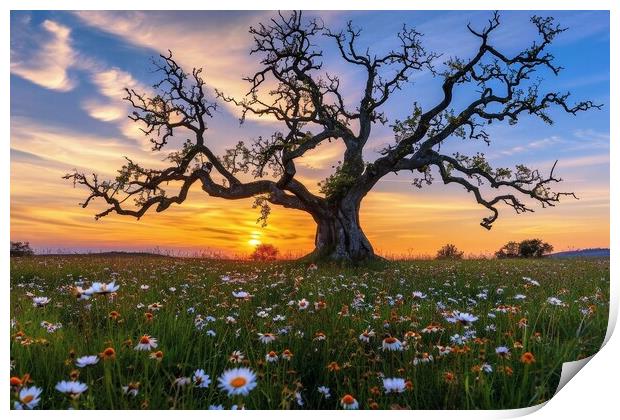A very old gnarled tree stands alone in a field of flowers at su Print by Michael Piepgras
