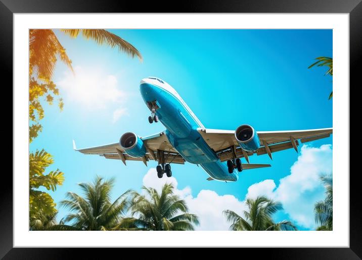 A big aircraft jet in the sky of a tropical island. Framed Mounted Print by Michael Piepgras