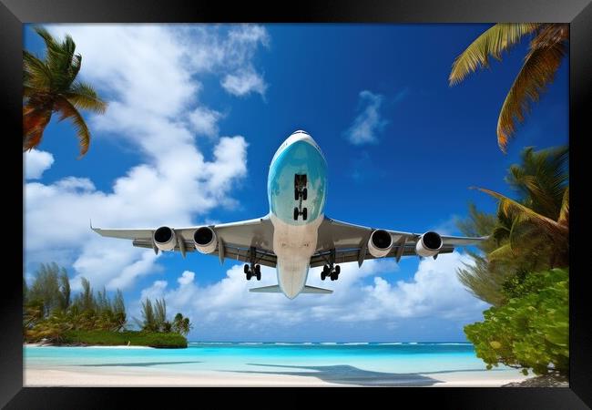 A big aircraft jet in the sky of a tropical island. Framed Print by Michael Piepgras