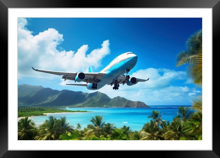 A big aircraft jet in the sky of a tropical island. Framed Mounted Print by Michael Piepgras