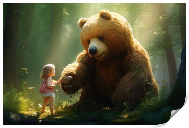 A cute big teddybear and a little girl. Print by Michael Piepgras