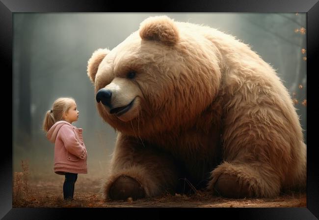 A cute big teddybear and a little girl. Framed Print by Michael Piepgras