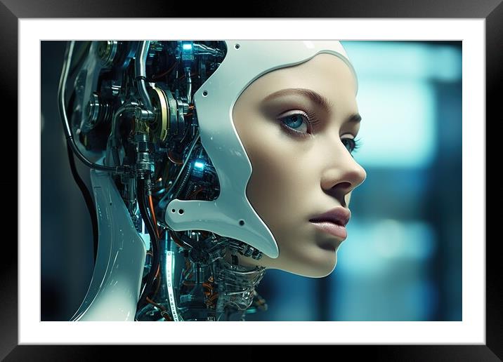 A female robot face of an artificial intelligence. Framed Mounted Print by Michael Piepgras