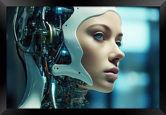 A female robot face of an artificial intelligence. Framed Print by Michael Piepgras