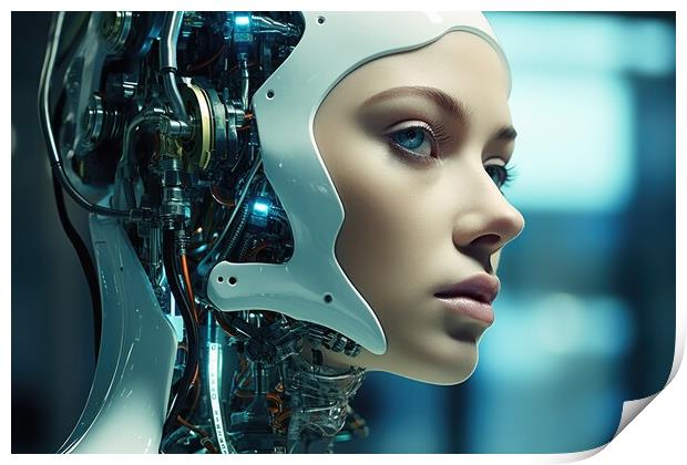 A female robot face of an artificial intelligence. Print by Michael Piepgras