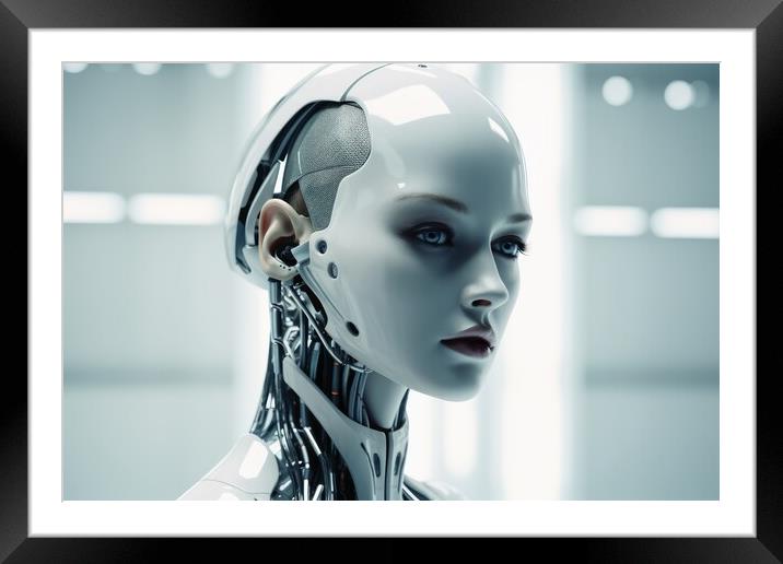 A female robot face of an artificial intelligence. Framed Mounted Print by Michael Piepgras