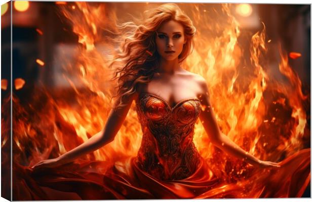 A goddess woman wearing a tight dress made of fire. Canvas Print by Michael Piepgras