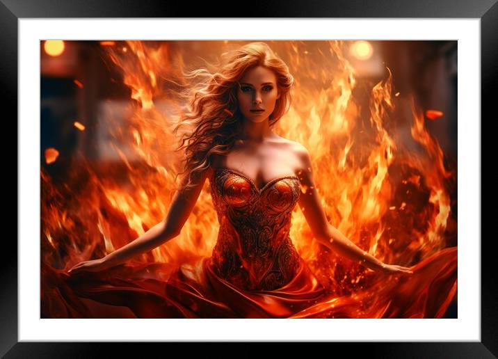 A goddess woman wearing a tight dress made of fire. Framed Mounted Print by Michael Piepgras