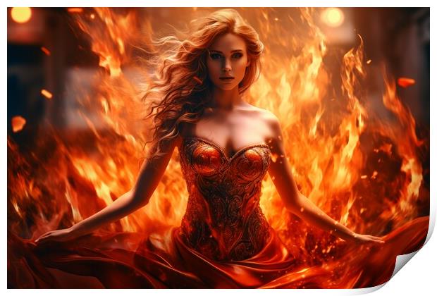 A goddess woman wearing a tight dress made of fire. Print by Michael Piepgras