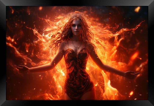 A goddess woman wearing a tight dress made of fire. Framed Print by Michael Piepgras