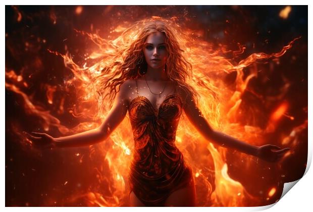 A goddess woman wearing a tight dress made of fire. Print by Michael Piepgras