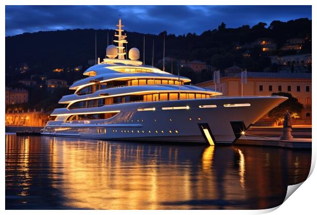 A luxury yacht in the harbor at dusk. Print by Michael Piepgras