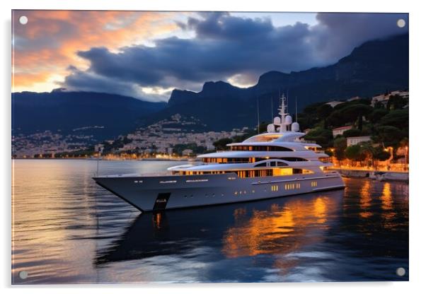 A luxury yacht in the harbor at dusk. Acrylic by Michael Piepgras