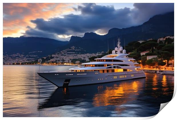 A luxury yacht in the harbor at dusk. Print by Michael Piepgras