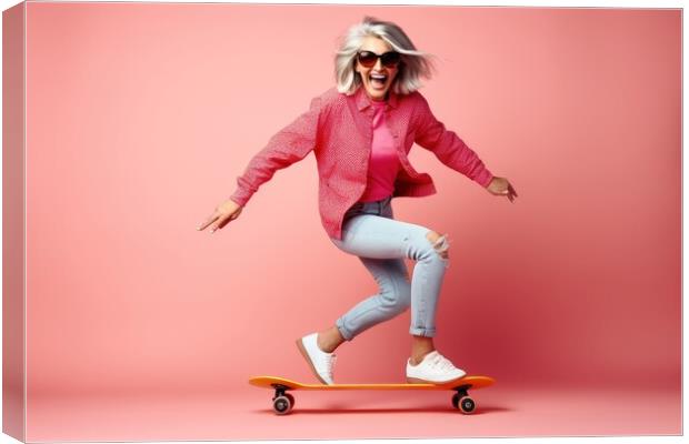 A retired woman having fun on a skateboard. Canvas Print by Michael Piepgras
