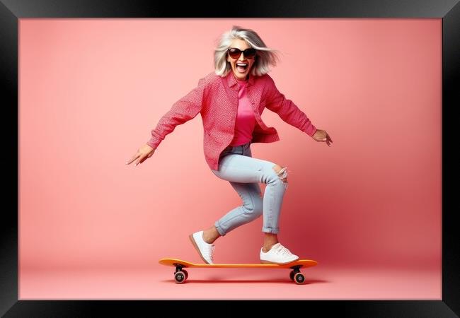 A retired woman having fun on a skateboard. Framed Print by Michael Piepgras