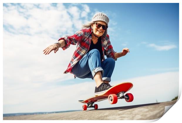 A retired woman having fun on a skateboard. Print by Michael Piepgras