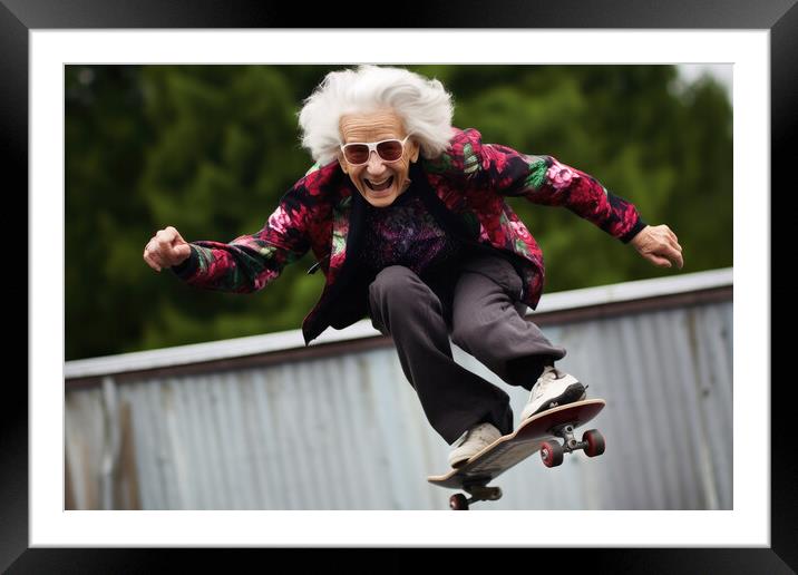 A retired woman having fun on a skateboard. Framed Mounted Print by Michael Piepgras