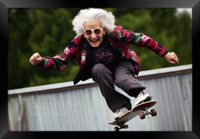 A retired woman having fun on a skateboard. Framed Print by Michael Piepgras