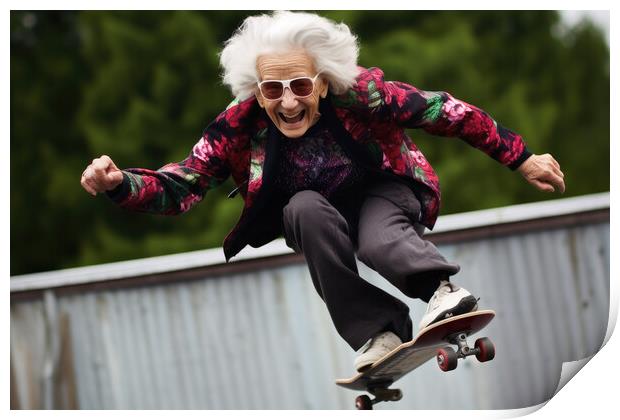 A retired woman having fun on a skateboard. Print by Michael Piepgras