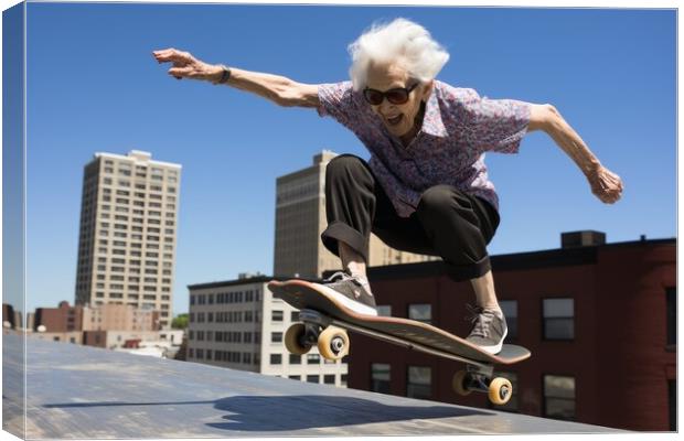 A retired woman having fun on a skateboard. Canvas Print by Michael Piepgras