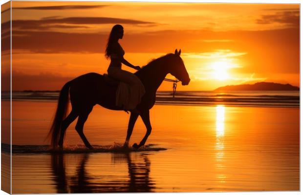 A woman riding on a horse at a beautiful beach. Canvas Print by Michael Piepgras