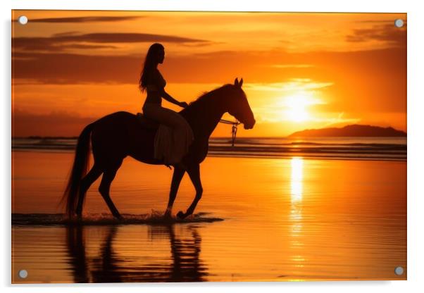 A woman riding on a horse at a beautiful beach. Acrylic by Michael Piepgras