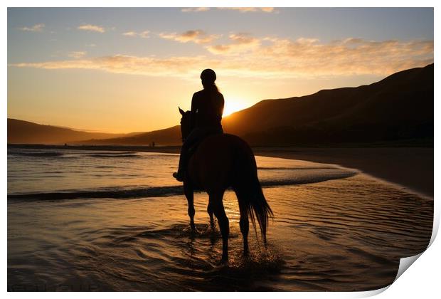 A woman riding on a horse at a beautiful beach. Print by Michael Piepgras