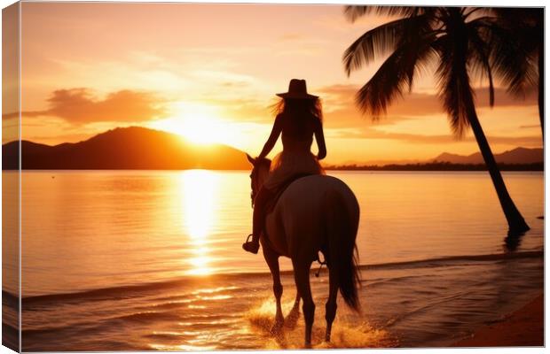A woman riding on a horse at a beautiful beach. Canvas Print by Michael Piepgras