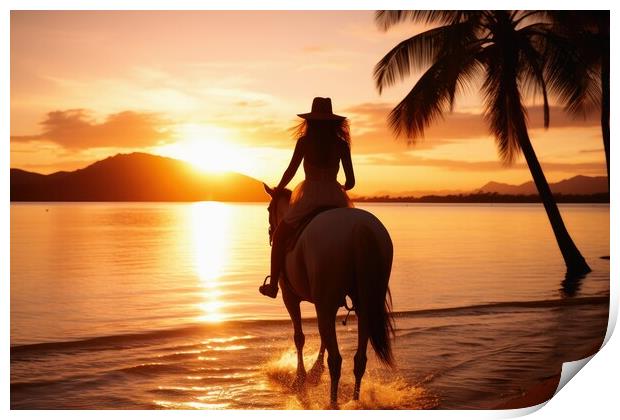 A woman riding on a horse at a beautiful beach. Print by Michael Piepgras