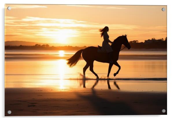 A woman riding on a horse at a beautiful beach. Acrylic by Michael Piepgras
