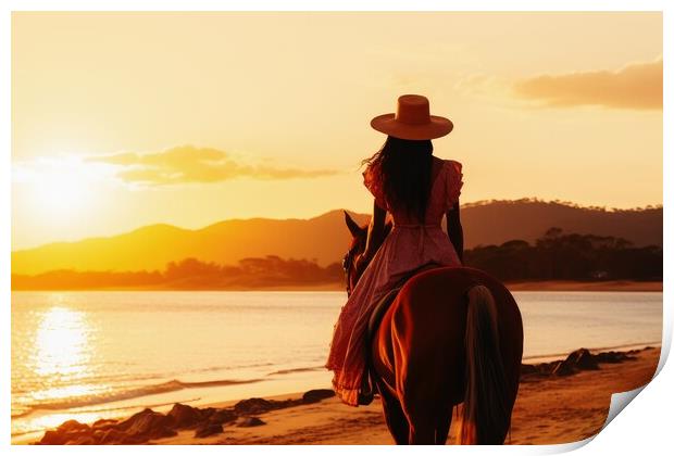 A woman riding on a horse at a beautiful beach. Print by Michael Piepgras