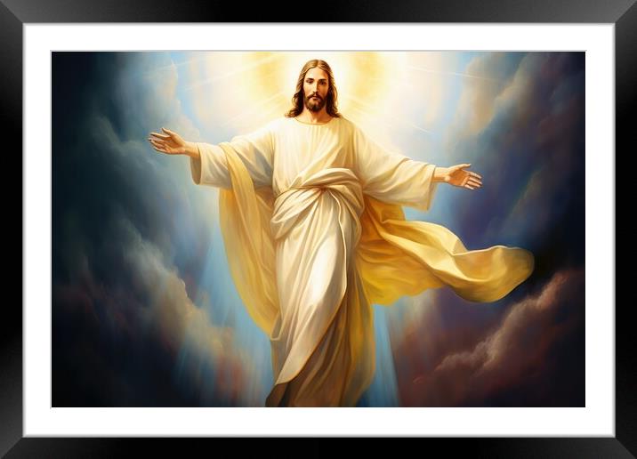 Jesus christ opening the sky with a blessing from god. Framed Mounted Print by Michael Piepgras
