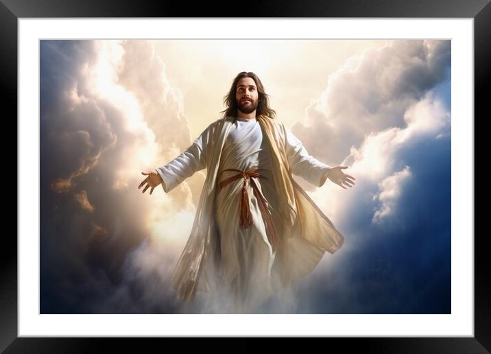 Jesus christ opening the sky with a blessing from god. Framed Mounted Print by Michael Piepgras