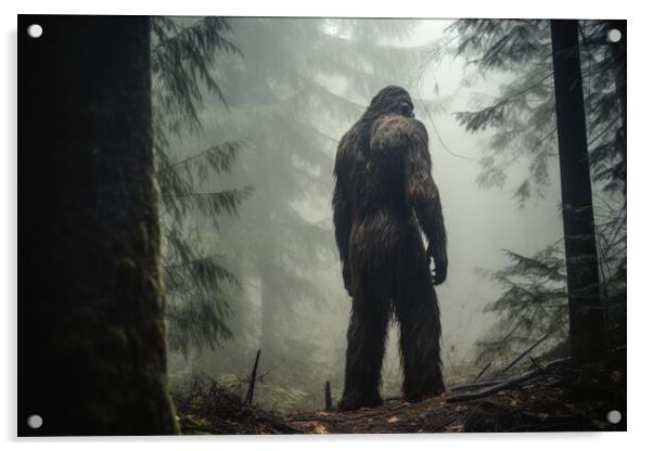 Rare shot of the mysterious bigfoot in a forest. Acrylic by Michael Piepgras