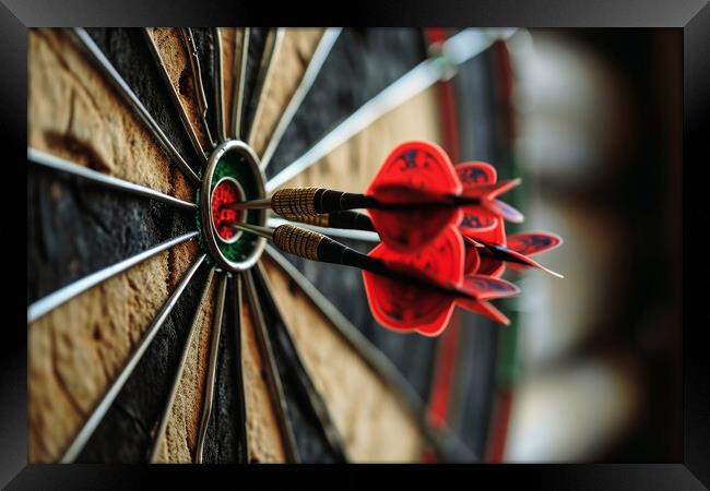 Three darts hitting perfect on the target bullseye. Framed Print by Michael Piepgras