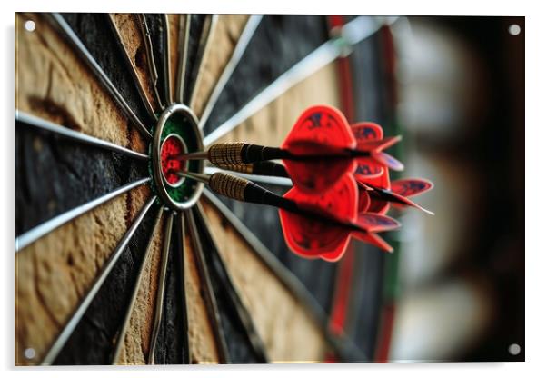 Three darts hitting perfect on the target bullseye. Acrylic by Michael Piepgras